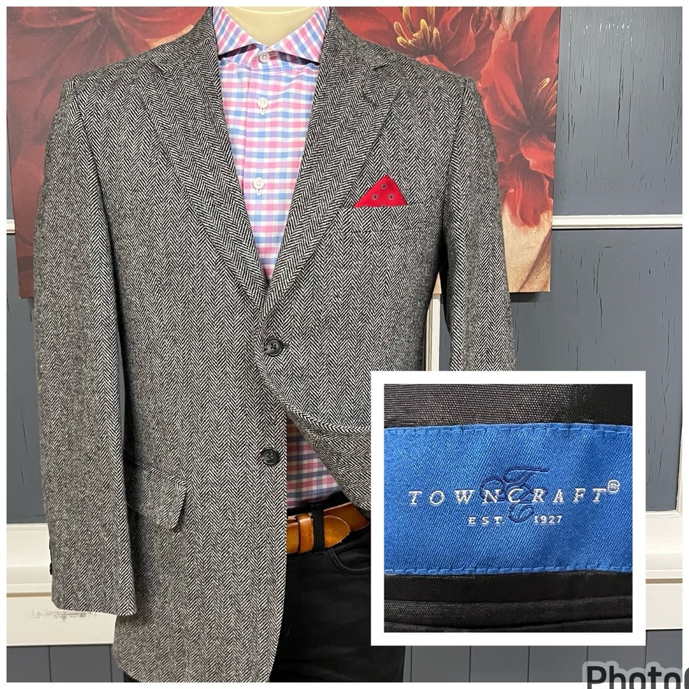 Vintage Town Craft Tweed Blazer Jacket Sport Coat Wool Mens 40R Herringbone Gray